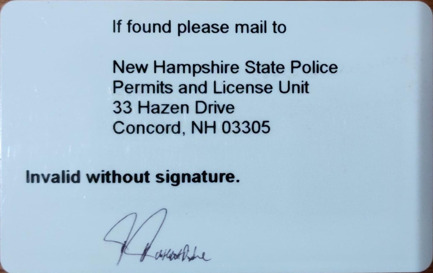Permiso de Armas Ocultas New Hampshire 2010 (Atrás)